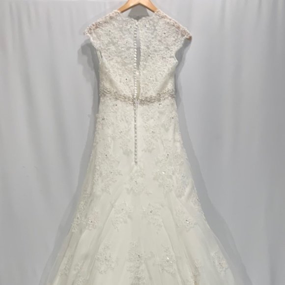 David's Bridal Cap Sleeve Lace Over Satin Wedding Dress Ivory T3299 NWOT - Picture 8 of 13